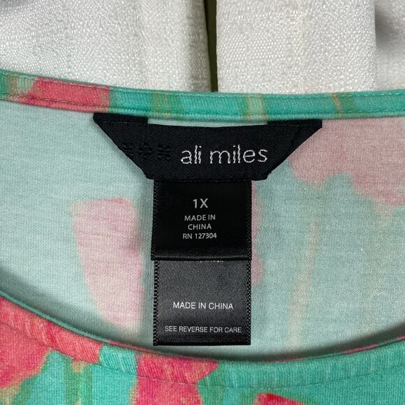 Ali Miles Teal&Bright Red Abstract Floral 3/4 Sleeve Top Sz.1X - Picture 4 of 8